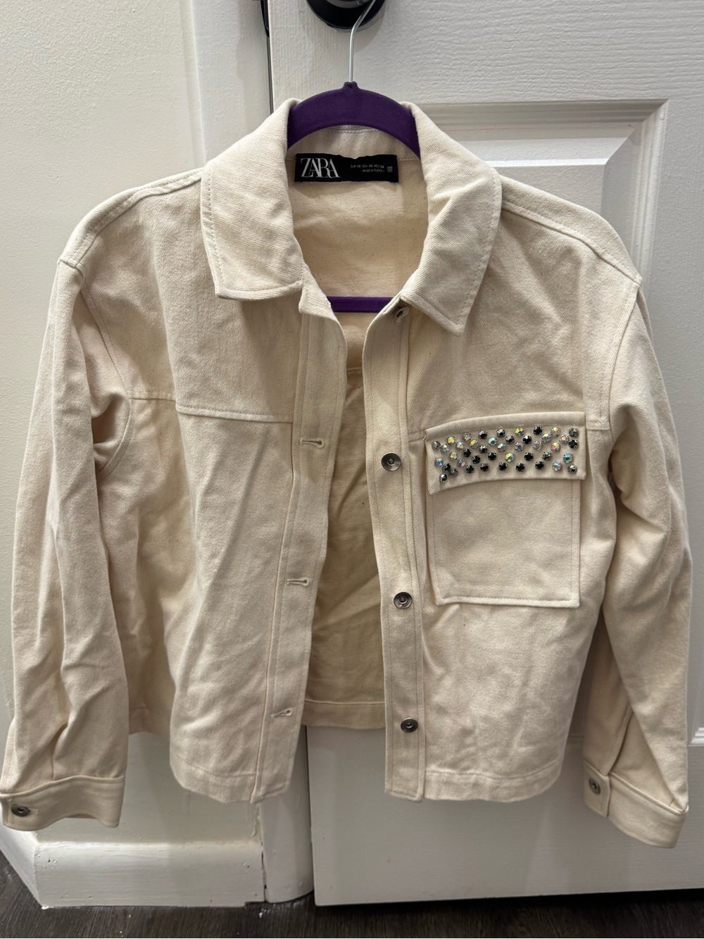 ZARA Cream Embellished Pocket Denim Jacket